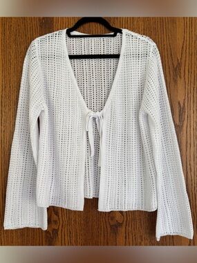 White Open-Knit Tie-Front Cardigan